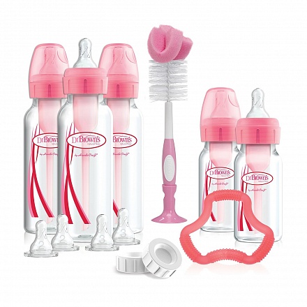 Набор из 5 розовых бутылочек антиколиковых с узким горлышком, 3 по 250 мл и 2 по 120 мл 